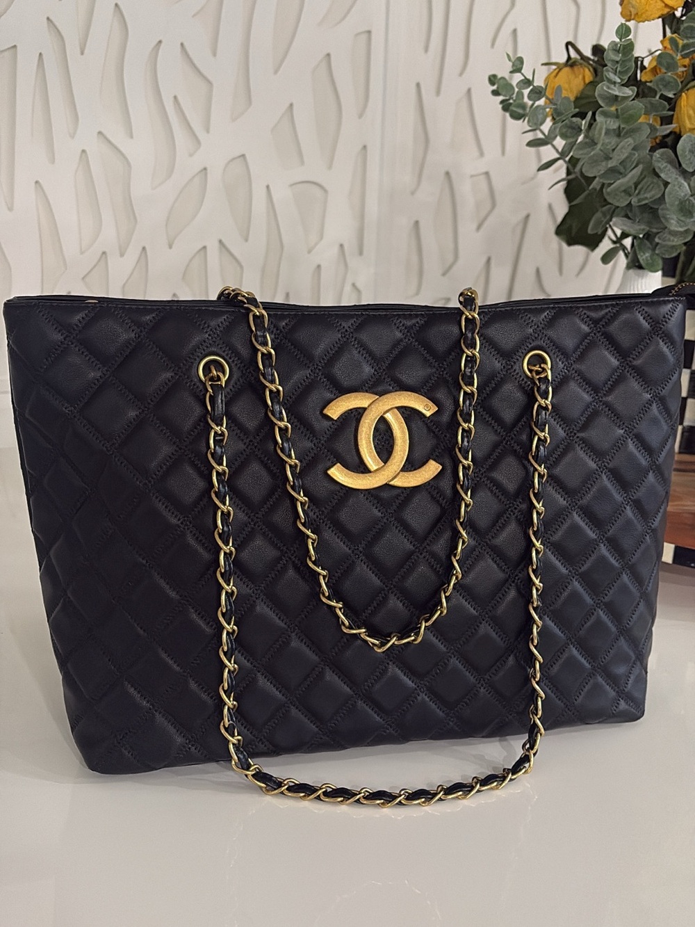 Black Quilted Leather Tote with Gold CC Hardware